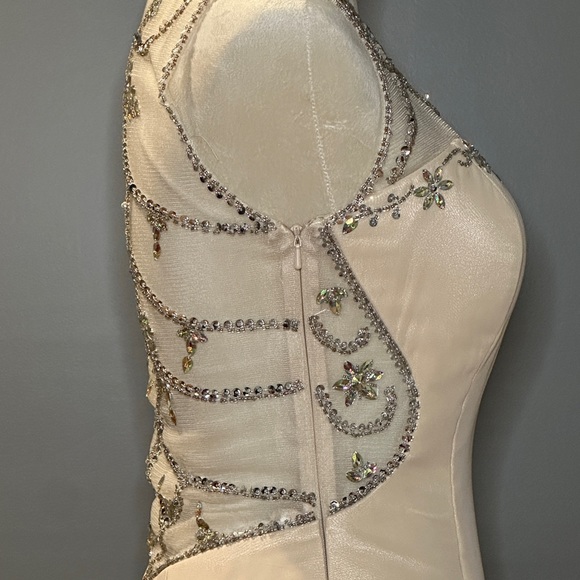 Custom Formal Backless Mesh Beaded Gown. Champagne color - Picture 2 of 6